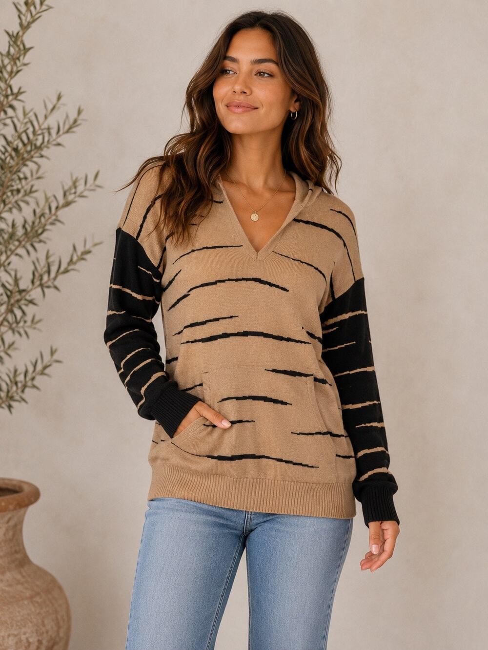 Belle by Belldini Hooded Camel Black Stripe Knit Sweater NWT Size Small